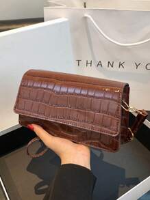 1 件女士鳄鱼压纹单肩包，纯色时尚小方包，适合少女、大学生、办公室女士、商务、通勤、户外、旅行 - 棕色 - 查看 2