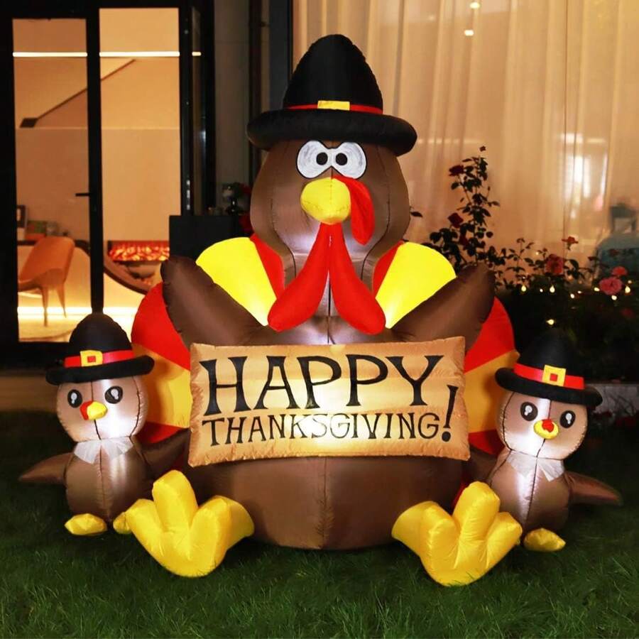 VIVOHOME Thanksgiving Inflatable LED Lighted Turkey With Hat Blow Up Outdoor Lawn Yard Decoration - 6ft Turkey Family - View 1