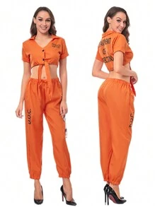 1 套成人囚犯服装，宽松弹性橙色字母印花街头嘻哈开叉领带运动衫 - 橘色 - 查看 8