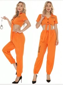 1 套成人囚犯服装，宽松弹性橙色字母印花街头嘻哈开叉领带运动衫 - 橘色 - 查看 10