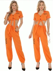 1 套成人囚犯服装，宽松弹性橙色字母印花街头嘻哈开叉领带运动衫 - 橘色 - 查看 4