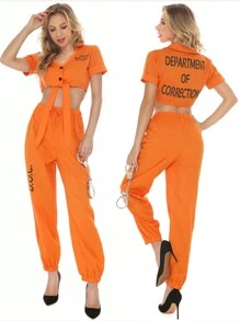 1 套成人囚犯服装，宽松弹性橙色字母印花街头嘻哈开叉领带运动衫 - 橘色 - 查看 2