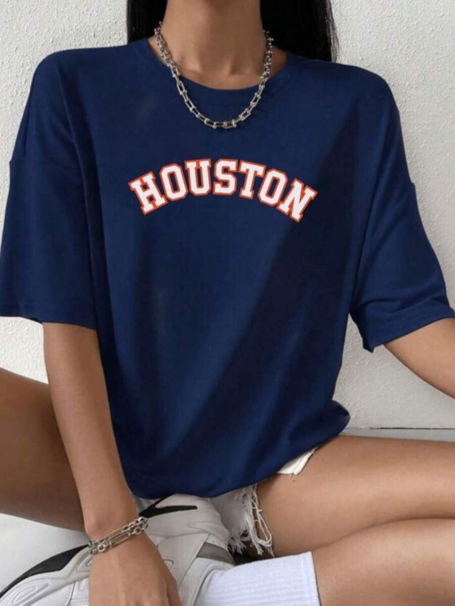 Women's Oversized 100% Cotton T-Shirt Printed Houston Shirt New Release - 藏蓝色 - 查看 1