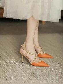 Sandálias da Moda com Rebite para Mulheres, Outono/Inverno 2025, Salto Alto Fechado Laranja Estilo Stilettos com Tiras Cruzadas, Sapatos de Vestido de Verão, Elegantes, Sapatos de Salto para Mulheres
