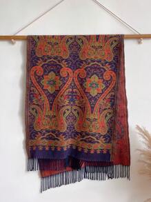 1pc Women's Autumn/Winter Faux Cashmere Retro Paisley Jacquard Boho Style Fringe Scarf Shawl, Warm For Travel - Purple - View 3