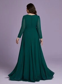 Plus Size Women V-Neck Long Sleeve Chiffon Swing Bridesmaid Dress - Blue - View 2