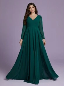 Plus Size Women V-Neck Long Sleeve Chiffon Swing Bridesmaid Dress - Blue - View 3