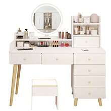 Tocador Compacto Moderno Con Espejo Led 7 Cajones Silla 113x40x100cm - Blanco - Ver 1