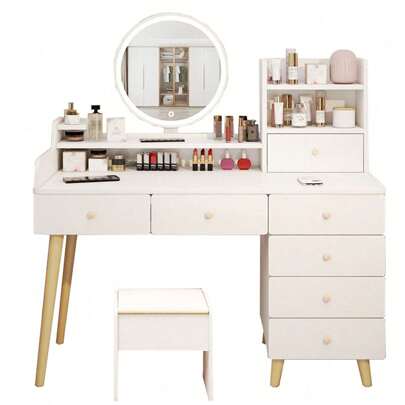 Tocador Compacto Moderno Con Espejo Led 7 Cajones Silla 113x40x100cm