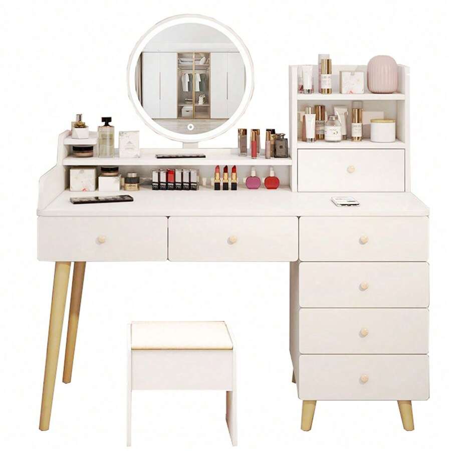 Tocador Compacto Moderno Con Espejo Led 7 Cajones Silla 113x40x100cm - Blanco - Ver 1