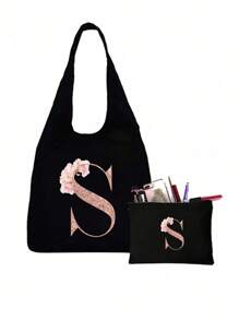 Bộ sản phẩm gồm 1 túi tote màu đen in họa tiết hoa và 1 túi nhỏ màu đen, túi tote in chữ cái A-Z màu hồng in họa tiết hoa + túi đựng mỹ phẩm, túi quà cưới/túi tote cá nhân hóa - màu đen - Xem 18