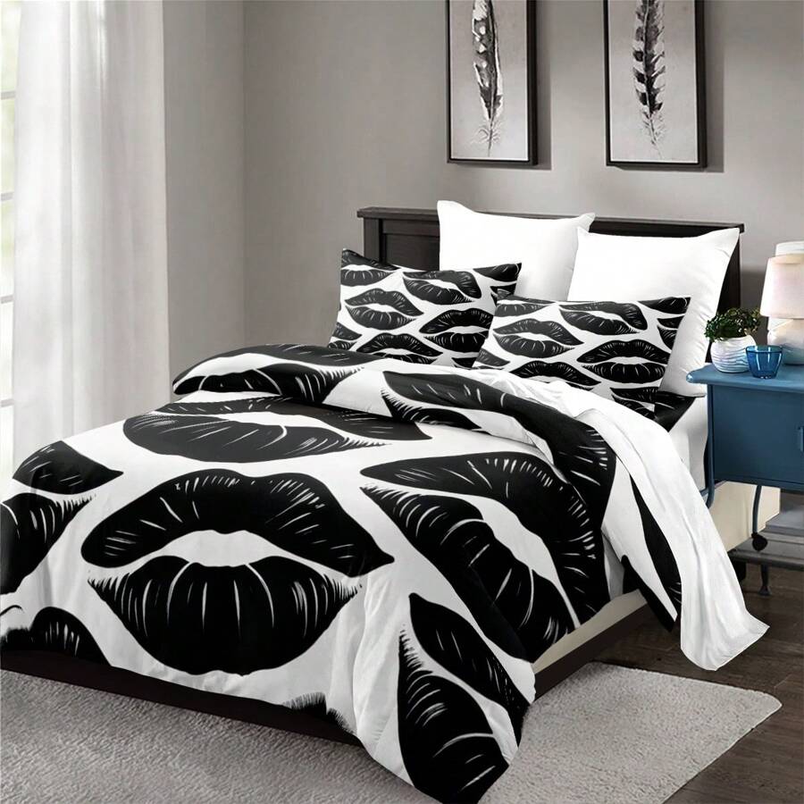 Bộ 3 vỏ chăn in họa tiết đôi môi đen theo phong cách Bắc Âu (1 vỏ chăn + 2 vỏ gối, không có lõi), chủ đề không gian lãng mạn, - Độ mềm mại sang trọng, thoải mái thoáng khí, hoàn hảo cho phòng ngủ và phòng khách, thoải mái, không gây dị ứng và dễ chăm sóc, phù hợp với mọi mùa - Đen và trắng - Xem 1