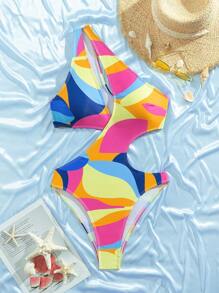 1pc Sexy Monokini Swimsuit With Random Floral Print, One Shoulder Beach Holiday Swimwear, Summer - Multicolor - View 7