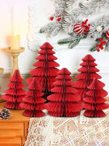 2pcs/Set, Desktop Christmas Tree Shape Ornament, Christmas Decoration, Christmas Tree Honeycomb Paper Decoration, Christmas Party Decoration, Christmas Desktop Decoration, New Year Party, Christmas Holiday Atmosphere Decoration,Christmas - Red - View 4