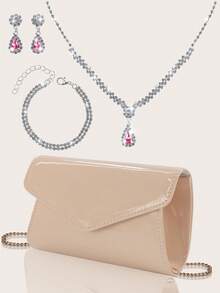 Túi cầm tay đơn giản sang trọng màu trơn dành cho nữ, Túi buổi tối có nắp quyến rũ và thời trang, Túi đeo chéo vai có dây xích, Kết hợp với hoa tai đá lấp lánh, Vòng tay, Vòng cổ Bộ bốn món, Thích hợp cho các cô gái tiệc tùng, Cô dâu, Hoàn hảo cho vũ hội, Tiệc ngày lễ, Tiệc tối, Đi làm hàng ngày - Màu Khaki - Xem 2