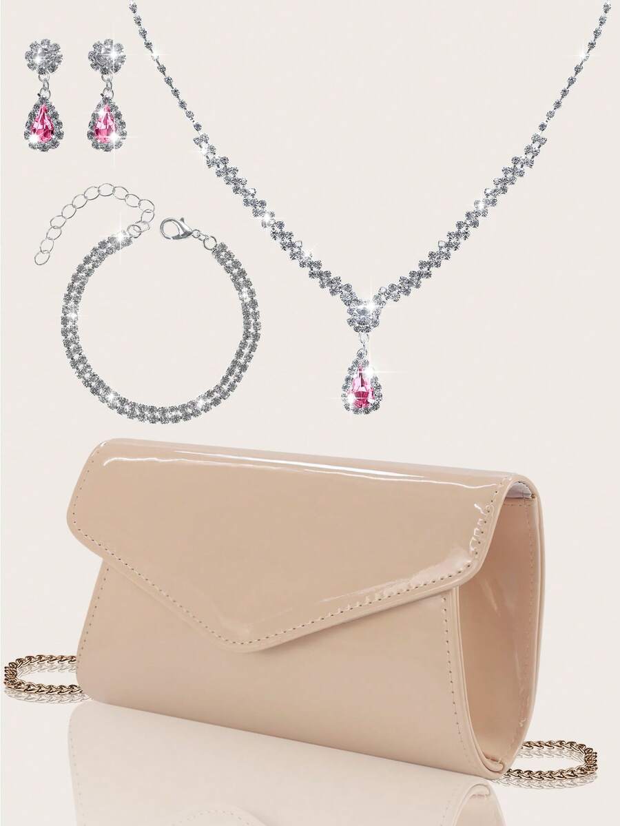 Túi cầm tay đơn giản sang trọng màu trơn dành cho nữ, Túi buổi tối có nắp quyến rũ và thời trang, Túi đeo chéo vai có dây xích, Kết hợp với hoa tai đá lấp lánh, Vòng tay, Vòng cổ Bộ bốn món, Thích hợp cho các cô gái tiệc tùng, Cô dâu, Hoàn hảo cho vũ hội, Tiệc ngày lễ, Tiệc tối, Đi làm hàng ngày