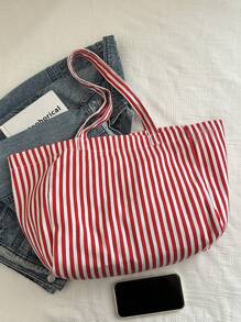 Túi Tote Canvas Sọc, Sang Trọng & Đơn Giản, Sức Chứa Lớn, Thích Hợp Cho Đi Làm, Mua Sắm, Chuyến Đi Ngắn Ngày - Đỏ - Xem 10