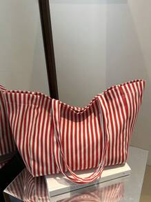 Túi Tote Canvas Sọc, Sang Trọng & Đơn Giản, Sức Chứa Lớn, Thích Hợp Cho Đi Làm, Mua Sắm, Chuyến Đi Ngắn Ngày - Đỏ - Xem 7