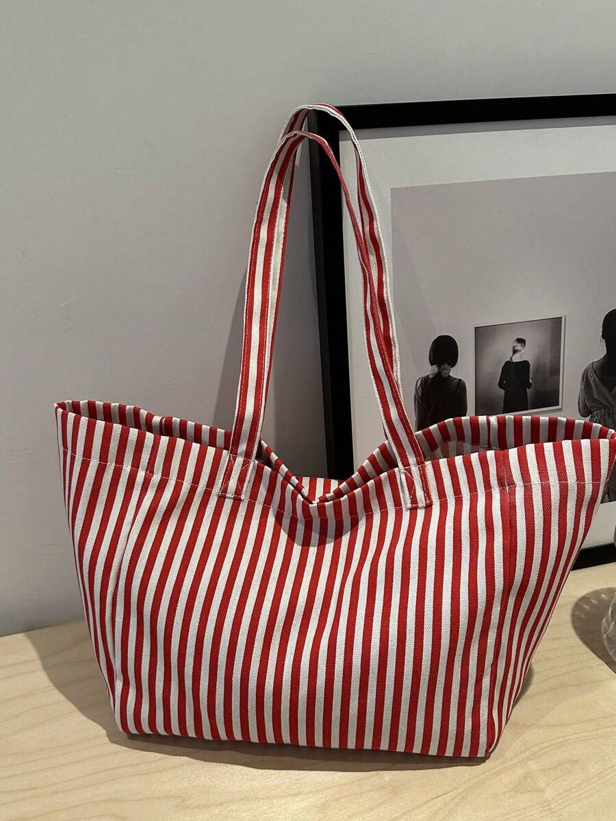 Túi Tote Canvas Sọc, Sang Trọng & Đơn Giản, Sức Chứa Lớn, Thích Hợp Cho Đi Làm, Mua Sắm, Chuyến Đi Ngắn Ngày - Đỏ - Xem 1