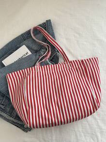 Túi Tote Canvas Sọc, Sang Trọng & Đơn Giản, Sức Chứa Lớn, Thích Hợp Cho Đi Làm, Mua Sắm, Chuyến Đi Ngắn Ngày - Đỏ - Xem 9