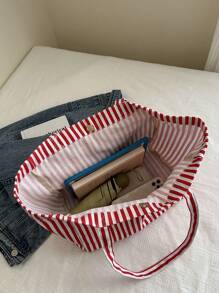 Túi Tote Canvas Sọc, Sang Trọng & Đơn Giản, Sức Chứa Lớn, Thích Hợp Cho Đi Làm, Mua Sắm, Chuyến Đi Ngắn Ngày - Đỏ - Xem 11