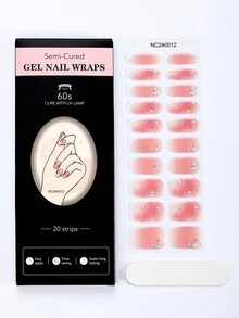 Beauty Sticker 20 片半固化凝胶指甲垫（多色）、裸粉色星星、月亮水晶钻石指甲、自粘式全覆盖指甲套装、包含 1 个指甲锉、需要紫外线灯、易于涂抹和去除、适合女性和女孩的日常 DIY 美甲 - 淺粉色 - 查看 4