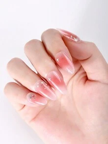 Beauty Sticker 20 片半固化凝胶指甲垫（多色）、裸粉色星星、月亮水晶钻石指甲、自粘式全覆盖指甲套装、包含 1 个指甲锉、需要紫外线灯、易于涂抹和去除、适合女性和女孩的日常 DIY 美甲 - 淺粉色 - 查看 3