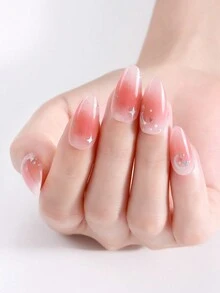 Beauty Sticker 20 片半固化凝胶指甲垫（多色）、裸粉色星星、月亮水晶钻石指甲、自粘式全覆盖指甲套装、包含 1 个指甲锉、需要紫外线灯、易于涂抹和去除、适合女性和女孩的日常 DIY 美甲 - 淺粉色 - 查看 2