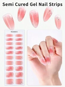 Beauty Sticker 20 片半固化凝胶指甲垫（多色）、裸粉色星星、月亮水晶钻石指甲、自粘式全覆盖指甲套装、包含 1 个指甲锉、需要紫外线灯、易于涂抹和去除、适合女性和女孩的日常 DIY 美甲 - 淺粉色 - 查看 1