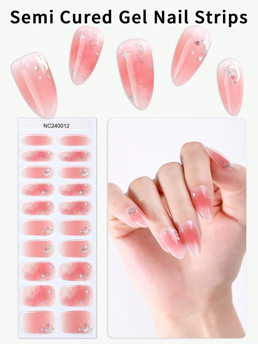 Beauty Sticker 20 片半固化凝胶指甲垫（多色）、裸粉色星星、月亮水晶钻石指甲、自粘式全覆盖指甲套装、包含 1 个指甲锉、需要紫外线灯、易于涂抹和去除、适合女性和女孩的日常 DIY 美甲 - 淺粉色 - 查看 1
