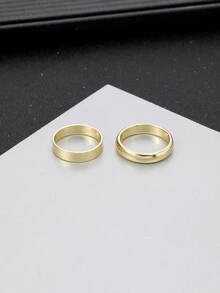 2 件套简约中性风格纯色弧形+扁平戒指套装，多种尺寸可选适合情侣、圣诞节、新年、情人节等节日礼物 - 金色 - 查看 3
