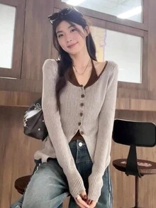 1pc V-Neck Sleeveless 2 In 1 Knit Cardigan For Women, Elegant Korean Style, Autumn, Random Allocation - Camel - View 6