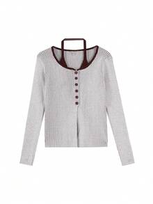 1pc V-Neck Sleeveless 2 In 1 Knit Cardigan For Women, Elegant Korean Style, Autumn, Random Allocation - Camel - View 4