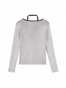 1pc V-Neck Sleeveless 2 In 1 Knit Cardigan For Women, Elegant Korean Style, Autumn, Random Allocation - Camel - View 3