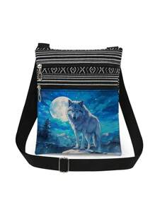 Unique Realistic Galaxy Wolf Design Unisex Crossbody Bag, Reusable Shoulder Messenger Bag, Fashionable Sling Bag With Moon Animal Pattern For Storage, Party Favor Gift For Wolf Lovers - Blue - View 1