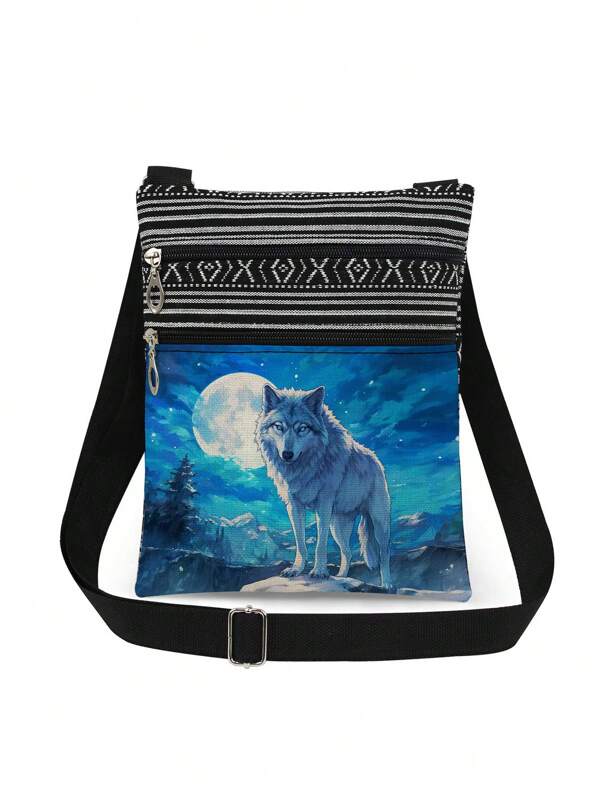 Unique Realistic Galaxy Wolf Design Unisex Crossbody Bag, Reusable Shoulder Messenger Bag, Fashionable Sling Bag With Moon Animal Pattern For Storage, Party Favor Gift For Wolf Lovers