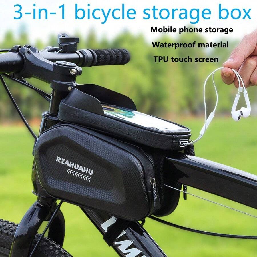 Hộp đựng đồ xe đạp chống thấm nước, Túi đựng đồ đạp xe di động 3 trong 1, Túi đựng đồ xe đạp vỏ cứng EVA chống thấm nước màn hình cảm ứng, Túi đựng đồ ống trên xe đạp leo núi, Túi đựng điện thoại di động cho xe đạp, Thiết bị đạp xe ngoài trời - đen - Xem 1