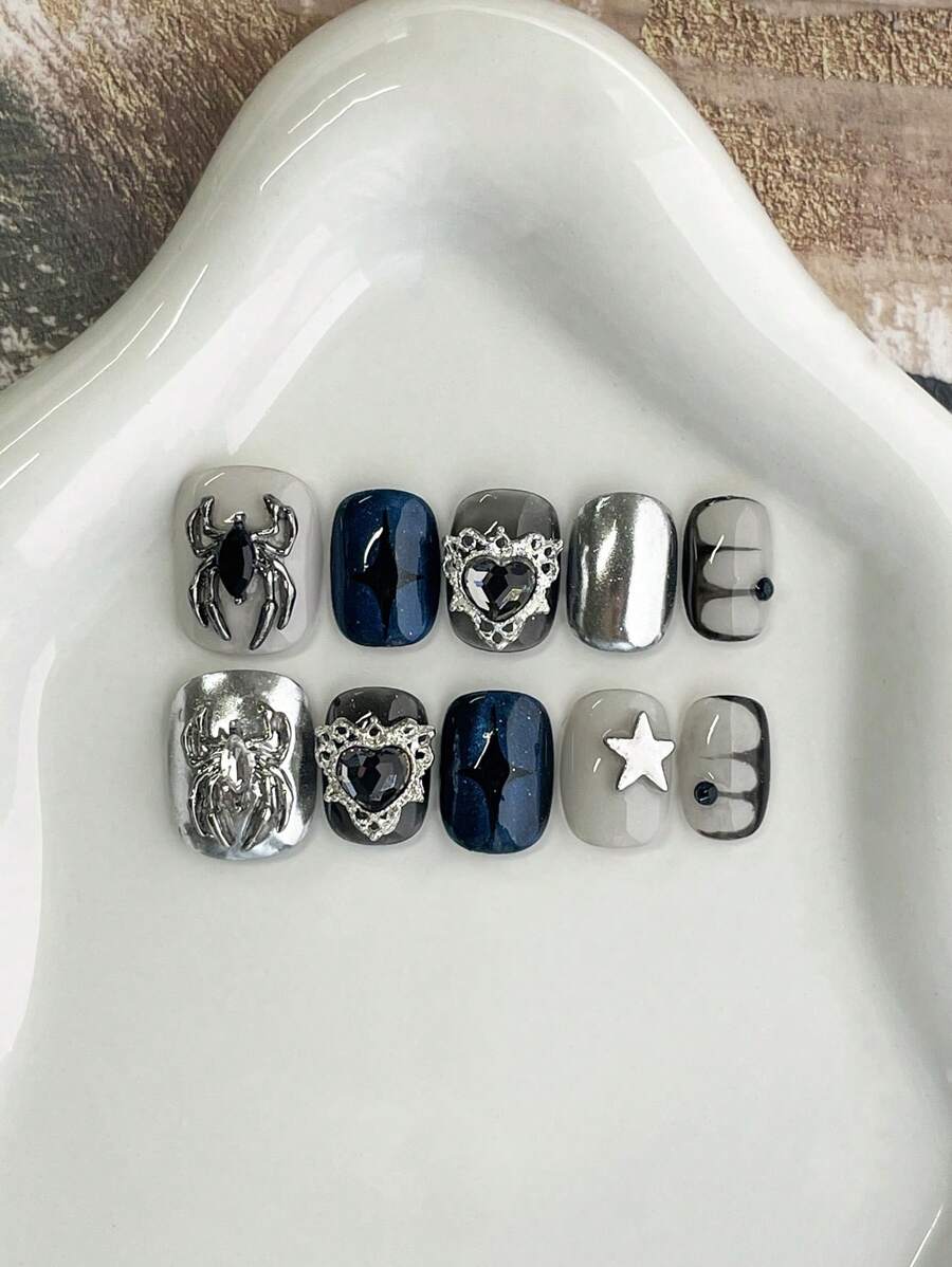 10 miếng dán móng tay hình nhện phong cách Punk Metal thủ công, thích hợp cho sinh hoạt hàng ngày, tiệc tùng, tụ họp, sinh nhật và các dịp khác. Móng tay giả thủ công, dán lên móng. - Nhiều màu - Xem 1