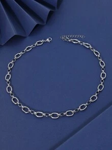 1 件简约椭圆形不锈钢粗链项链，男女通用配饰，适合通勤 - 銀色 - 查看 2