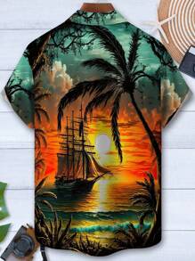 大码男士夏威夷椰子树日落风景印花纽扣口袋短袖衬衫，夏季 - 橘色 - 查看 2