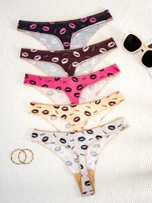 5 条装 女士纯色唇形蝴蝶结图案舒适丁字裤 - 彩色 - 查看 2