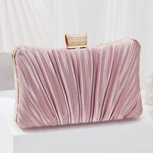 Elegant Ladies Pleated Evening Clutch Bag Bling Rhinestone Buckle Formal Party Purse For Women Wedding Dinner Handbag With Chain - 粉色 - 查看 1