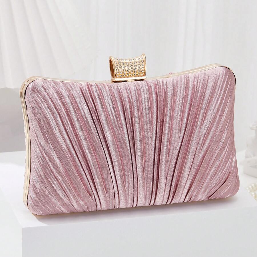 Elegant Ladies Pleated Evening Clutch Bag Bling Rhinestone Buckle Formal Party Purse For Women Wedding Dinner Handbag With Chain - 粉色 - 查看 1
