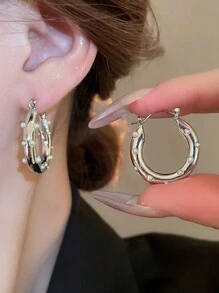 1 对金属几何圆形时尚派对仿珍珠独特优雅简约女士环形耳环 - 銀色 - 查看 3