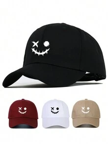 男女通用街头风格趣味笑脸图案印花棒球帽，可调节户外遮阳帽，休闲运动帽，适合日常通勤 - 彩色 - 查看 7