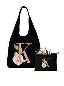 Bộ sản phẩm gồm 1 túi tote màu đen in họa tiết hoa và 1 túi nhỏ màu đen, túi tote in chữ cái A-Z màu hồng in họa tiết hoa + túi đựng mỹ phẩm, túi quà cưới/túi tote cá nhân hóa - màu đen - Xem 21
