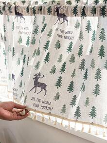 LOSPRING Linen-Like Printed Kitchen Short Curtain, Minimalist Geometric Pine Tree & Deer Tassel Edge Half Curtain - M-10 - View 2