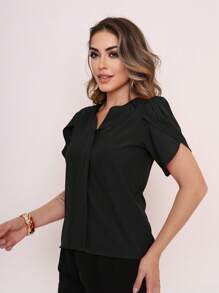 MARILYN MONNA New Women's Solid Color Blouse Petal Sleeve V-Neck Summer Exquisite Neckline Design - màu đen - Xem 4