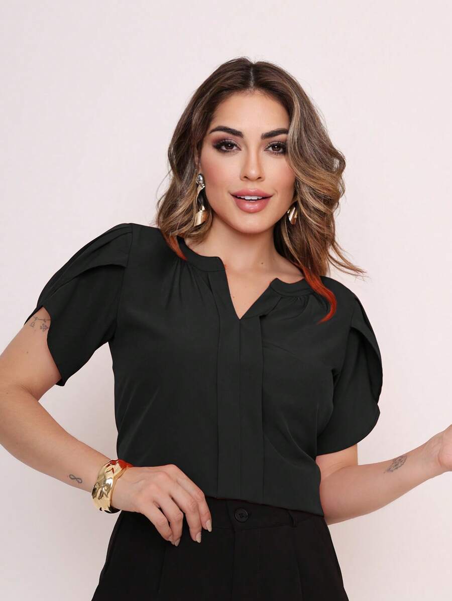 MARILYN MONNA New Women's Solid Color Blouse Petal Sleeve V-Neck Summer Exquisite Neckline Design - màu đen - Xem 1