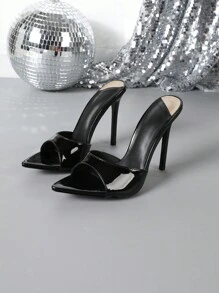 Pointed Toe Solid Color Women High Heel Mule Sandals - Black - View 5